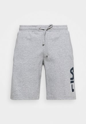 Hellgraue Shorts mit Kordelzug und elastischem Bund mit vertikalem dunkelblauem FILA-Logo auf dem linken Bein.