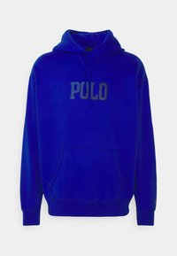 Blue hoodie made of soft fabric, featuring a kangaroo pocket and the word "POLO" in contrasting gray letters on the chest.