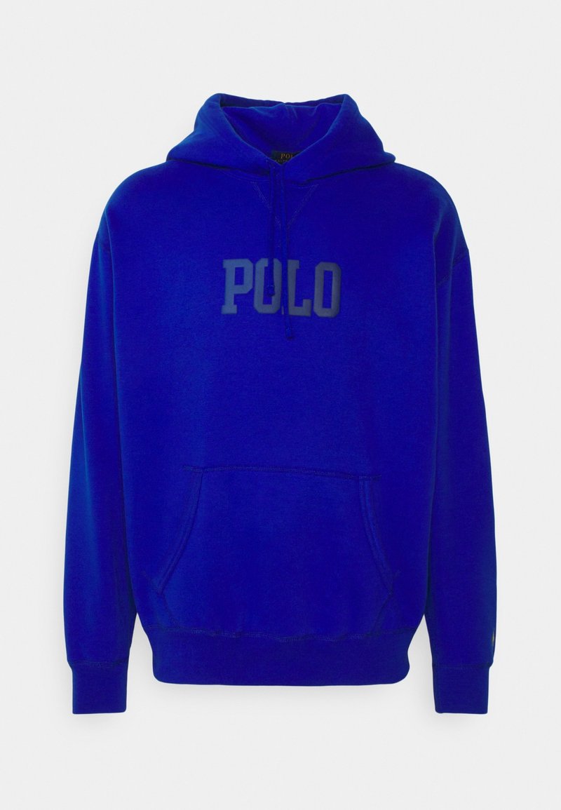 Blue hoodie made of soft fabric, featuring a kangaroo pocket and the word "POLO" in contrasting gray letters on the chest.
