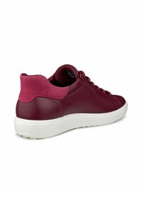 Burgundy leather sneakers with a pink suede heel collar, white rubber sole, and classic lace-up design. Smooth texture with minimal stitching.