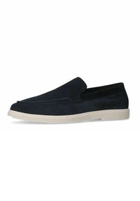 Navy suede slip-on shoes with a low-profile cream rubber sole. Features a rounded toe and minimal stitching detail for a clean look.
