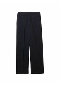Pantaloni a gamba larga in tessuto blu scuro, caratterizzati da una parte anteriore piatta, due tasche laterali e una texture sottile. Design sartoriale con linee pulite.