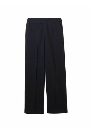 Wide-leg trousers in dark navy fabric, featuring a flat front, two side pockets, and subtle texture. Tailored design with clean lines.