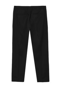 Pantaloni neri con cintura elastica, due tasche posteriori, gambe affusolate e texture del tessuto liscia. La vista posteriore mette in mostra un design minimalista.
