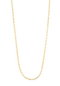 Goldene Halskette mit einer Reihe kleiner, flacher, verbundener Segmente mit einer glatten, polierten Oberfläche. Die Gesamtlänge beträgt ungefähr standardmäßig.