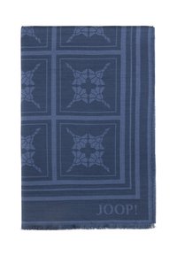 Donkerblauwe sjaal met een textuurpatroon, voorzien van vierkante motieven en franjes aan de randen. Het logo "JOOP!" gedrukt in de rechtsonderhoek.