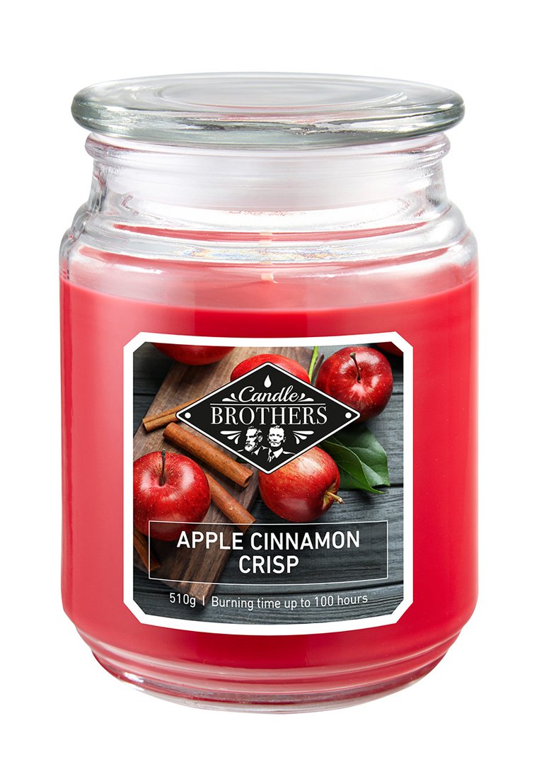 Rote Apfel-Duftkerze in klarem Glasbehälter mit flachem Deckel. Das Etikett zeigt Äpfel, Zimtstangen und den Text "Apfel-Zimt-Crisp". Gewicht 510g.