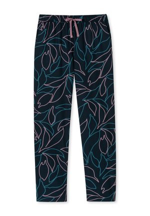 Námořnické kalhoty s květinovým vzorem, který má tyrkysové a růžové obrysy, elastický pas s tkaničkou, zúžený střih nohavic, měkká textilie.