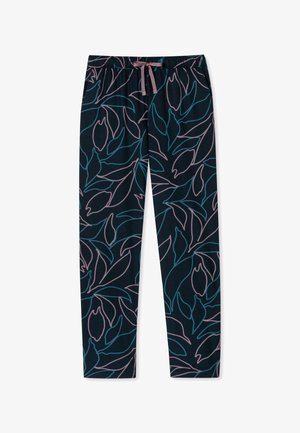 Marineblauwe broek met een bloemenpatroon met teal en roze omlijning, elastische tailleband met trekkoord, taps toelopend ontwerp, zachte stoftextuur.