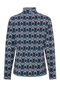 Maglioncino a maniche lunghe con colletto alto, caratterizzato da un tessuto testurizzato in motivi geometrici blu navy, teal e bianco.