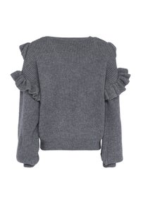 Grijze geribde sweater met ruches op de schouders en lange mouwen. Heeft een ontspannen pasvorm en een ronde halslijn.