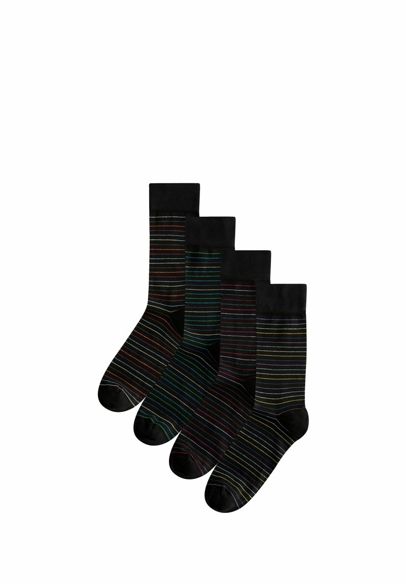 Fire par sorte sorte sorte sorte sorte sorte sorte sorte sorte sorte sorte sorte sorte sorte sorte sorte sorte lest med fine, multikolore striber. Materialet ser glat ud med en ribbet manchet og forstærket tå.