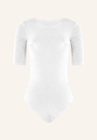 Vit bodysuit med rund halsringning, korta ärmar och en slät, elastisk textur, med en figurnära silhuett och en tanga-bak.