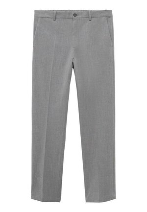 Light gray straight-leg dress pants with belt loops, side pockets, front zipper, and button closure.