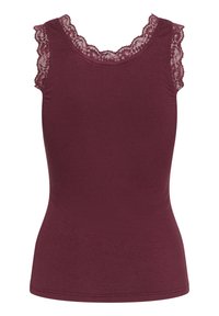 Débardeur bordeaux avec texture côtelée et dentelle le long de l'encolure et des emmanchures. Silhouette ajustée, design sans manches et tissu lisse.