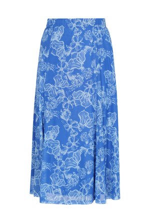 Modrá midi sukně s bílým květinovým potiskem, elastickým pasem a vzdušným materiálem.