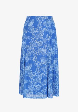 Blauwe midirok met witte bloemenprint, elastische tailleband en een vloeiende stof.