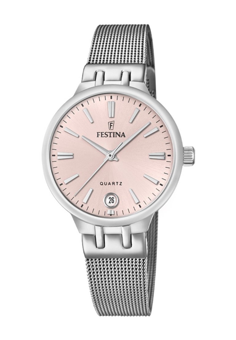 Festina kvarcinis laikrodis su sidabriniu metaliniu tinkleliu, apvalus rožinis ciferblatas, sidabrinės valandų žymės, datos rodymas 6 valandą ir paprastas krona.