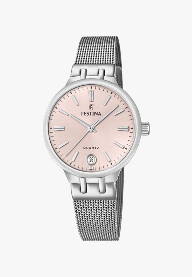 Festina kvarcinis laikrodis su sidabriniu metaliniu tinkleliu, apvalus rožinis ciferblatas, sidabrinės valandų žymės, datos rodymas 6 valandą ir paprastas krona.