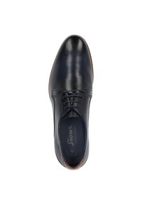 Chaussures en cuir bleu marine pour hommes avec une finition lisse, bout rond, design à lacets et détails marron sur le talon. Présente une semelle intérieure rembourrée.