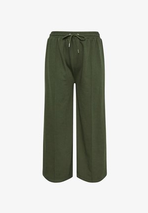 Olive green wide-leg pants made of soft cotton blend, featuring an elastic waistband with drawstring and side pleats for added style.