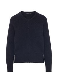 Marinblå stickad kofta med v-ringning, knappstängning fram, långa ärmar och textilstruktur. Tillverkad av mjukt material med en subtil lyster.