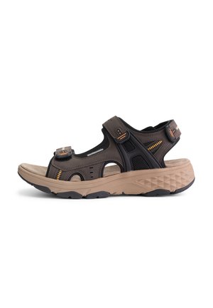 Brown and black sandal with mesh and leather materials, featuring adjustable straps, a textured footbed, and a rugged sole design.
