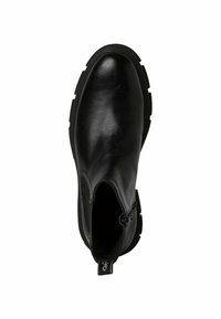 Černá kožená kotníková bota s kulatou špičkou, bočními elastickými panely a robustní gumovou podrážkou. Hladká textura a minimalistický design.