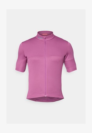 Kortærmet cykeltrøje i levende pink med halv lynlås foran, ribbet tekstur og kontrast logo på kraven.