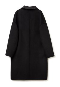 Cappotto di lana nera con colletto grigio, caratterizzato da un design dritto e maniche lunghe. La vista posteriore mostra uno stile semplice e minimalista.