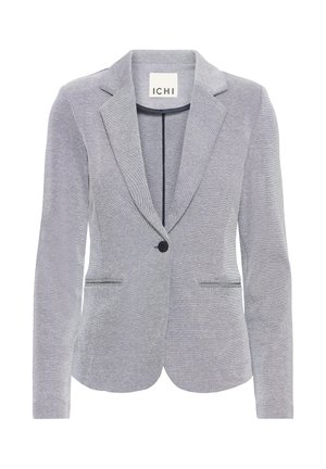 Szara marynarka z teksturowanego materiału, z klapami z wycięciem, zapinana na jeden guzik, z dwoma przednimi kieszeniami oraz podszewką wewnętrzną. Widoczna metka marki.