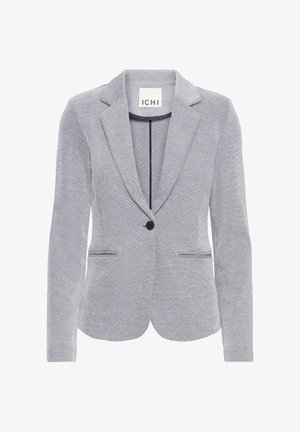 Szara marynarka z teksturowanego materiału, z klapami z wycięciem, zapinana na jeden guzik, z dwoma przednimi kieszeniami oraz podszewką wewnętrzną. Widoczna metka marki.