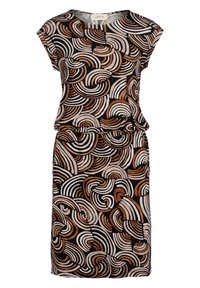 Schwarzes Kleid mit einem wirbelnden Muster in Brauntönen, Beige und Weiß. Das Design umfasst kurze Ärmel und einen elastischen Bund.