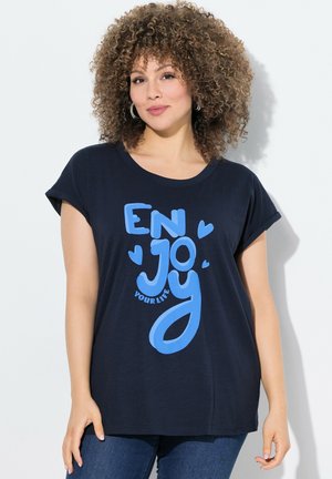 Navy blue short-sleeve t-shirt featuring a blue graphic print that reads "ENJOY YOUR LIFE." Soft material with a relaxed fit.