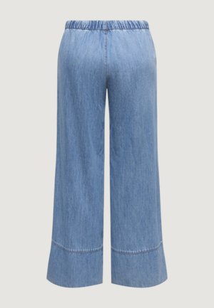 Pantalones vaqueros de pierna ancha en azul claro con cintura elástica y puños anchos, vistos desde atrás sobre un fondo liso.