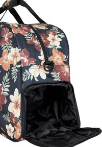 Plecak w kwiatowy wzór wykonany z czarnego nylonu, z zamkiem błyskawicznym, mocną rączką oraz przestronnym wnętrzem wyłożonym czarnym materiałem.
