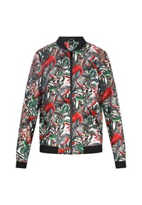 Giacca bomber con una stampa floreale e di fenicotteri colorata. Presenta un colletto e polsini a coste neri, chiusura con zip e tessuto leggero.
