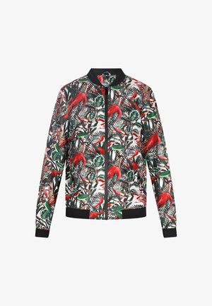 Bomber dzseki színes virág- és flamingómintával. Fekete bordás gallérral és mandzsettákkal, cipzáras záródással és könnyű anyaggal rendelkezik.
