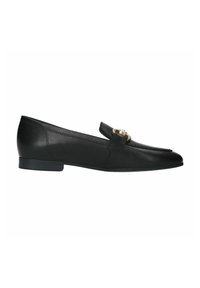 Black leather loafers with a sleek design, featuring a gold-tone accent on the strap and a low heel for comfort. Smooth texture overall.