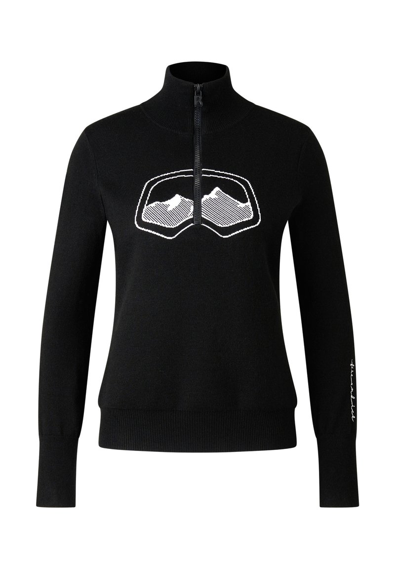 Fekete pulóver fél cipzáros gallérral, bordázott mandzsettákkal és fehér hegy grafikával a mellkason. Puha kötött anyagból készült.