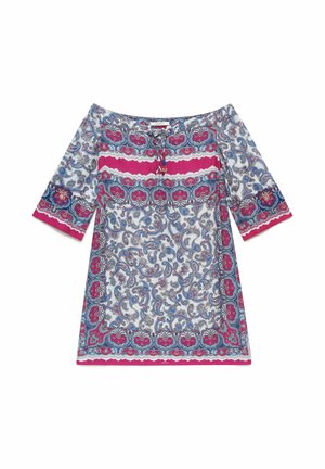 Abito con spalle scoperte con motivo paisley, maniche tre quarti, motivi floreali rosa e blu e nastri decorativi al collo.