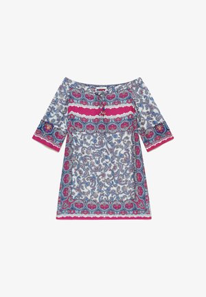 Abito con spalle scoperte con motivo paisley, maniche tre quarti, motivi floreali rosa e blu e nastri decorativi al collo.