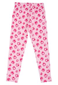 Leggings rosa con un motivo ripetitivo di design circolari rosa e bianchi; vita elastica per il comfort; tessuto morbido e traspirante.