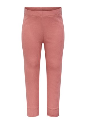 Roze ribgebreide legging met een elastische tailleband en een aansluitende pasvorm. De stoftextuur is glad, met een licht rekbaar materiaal.