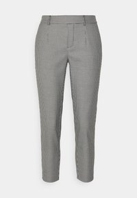 Pantalon à motif pied-de-poule noir et blanc avec une coupe tapered, passants de ceinture et texture de tissu lisse. Comprend des poches avant et arrière.