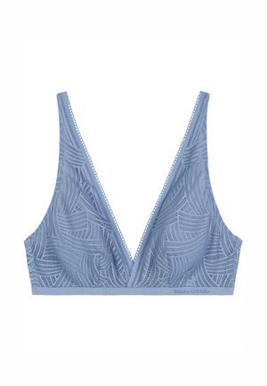 Bralette en dentelle bleu clair avec un décolleté en V plongeant, des motifs géométriques complexes et de fines bretelles sur fond blanc.
