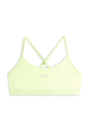 Lichtgroen cropped tanktop met dunne, gekruiste bandjes en een klein "tommy jeans" logo gecentreerd op de voorkant.