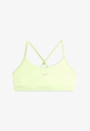 Lichtgroen cropped tanktop met dunne, gekruiste bandjes en een klein "tommy jeans" logo gecentreerd op de voorkant.