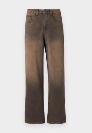 Hnědé džíny s vysokým pasem a rovnými nohavicemi, s efektem vyblednutí, předním zapínáním na knoflíky, zipem, poutky na pásek a designem s pěti kapsami.