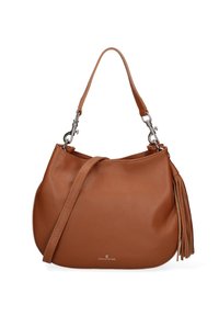 Borsa a tracolla in pelle marrone con un'unica tracolla e un dettaglio di frange sul lato, con un logo del marchio nella parte inferiore.